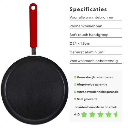 Cheqo® Pannenkoekenpan voor Inductie - ø24cm - Koekenpan - Alle Warmtebronnen - Geperst Aluminium - Anti-Aanbaklaag - Softtouch Handgreep - Ophangoog - Rood Koekenpan