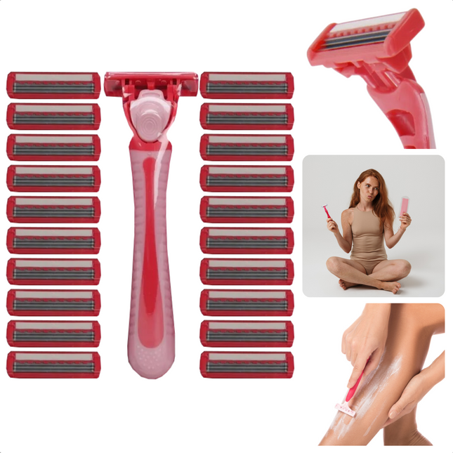 Cheqo® Scheermesjes voor Dames - Houder + 21 Mesjes - Scheermes - 3 Blades - Easy Grip Handvat - Roestvrijstaal - Voor Een Zachte Gladde Huid Scheermesjes
