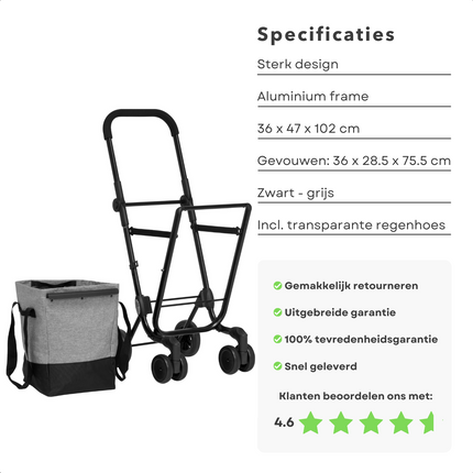 Cheqo® Boodschappentrolley 40L - Boodschappenwagen - Afneembare Boodschappentas - Verstelbaar - Stevig Frame - Met Achtervak, Reflectoren en Regenhoes - 36x47x102cm - Grijs Boodschappentrolleys