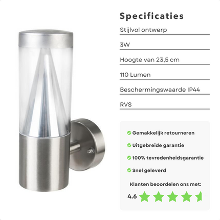 Cheqo® LED Wandlamp - RVS - Stijlvolle Buitenlamp - Tuinlamp - 3W - IP44 - 23.5cm - 220-240V - Zonder Stekker Wandlamp
