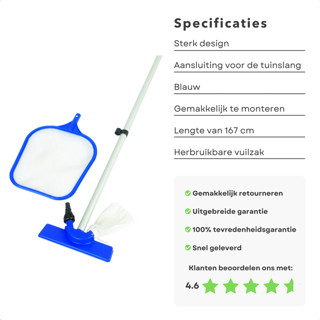Cheqo® Zwembad Schoonmaakset - Schepnet en Stofzuiger - Zwembad Stofzuiger - 167cm Stang - Tuinslang Stofzuiger - Herbruikbare Vuilzak - Schepnet - Zwembadreiniger - Bodemzuiger Zwembad Reiniging