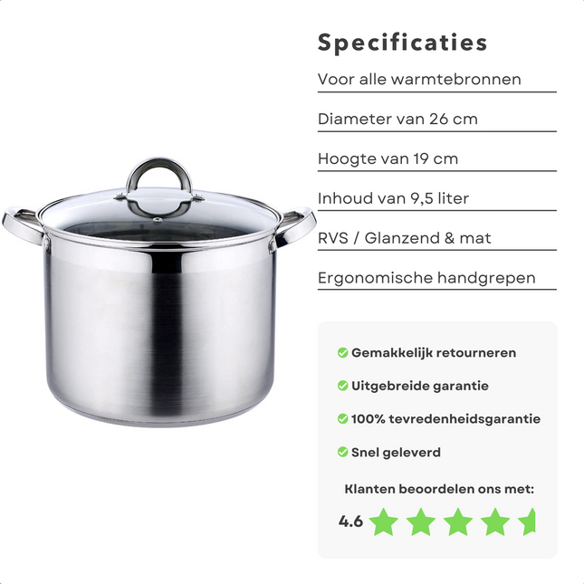 Cheqo® RVS Soeppan - 9.5 liter - 26 cm Diameter - 19 cm Hoogte - Glazen Deksel - Maatverdeling - Gas, Elektrisch, Keramisch, Inductie, Halogeen, Oven - Vaatwasserbestendig - Alle Warmtebronnen Kookpan