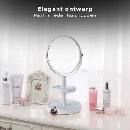 Cheqo® Dubbelzijdige Make-up Spiegel - Vergroot 3x - Matte Finish - 15cm Diameter - 25cm Hoogte - Metaal - 930 gram - Spiegeletagere - Wit Make-up spiegels