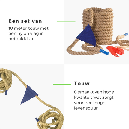 Cheqo® Touwtrekspel - 10m - Ouderwets Touwtrekken - 1 tegen 1 of 2 Ploegen - 2cm Diameter - Vlaggetje in het Midden Touwtrekken