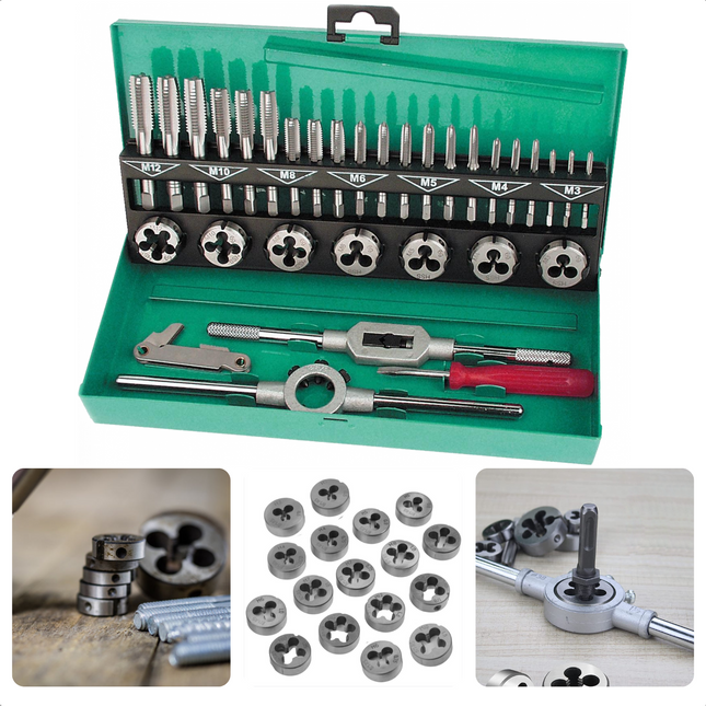 Cheqo® 32-dlg Tappenset - Professionele Kwaliteit - Schroefdraadmal - In- & Uitwendig - M3-M4-M5-M6-M8-M10-M12 - Wringijzer - Metalen Bewaarcassette - Tapset - Schroefverwijderset - Draadtapset - Draadsnijset tapsets