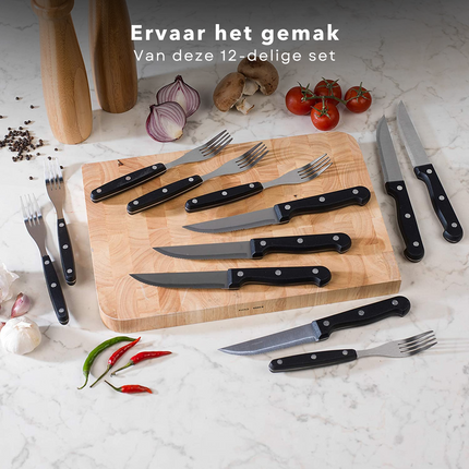 Cheqo® 6 Steakmessen met Steakvorken - Vorken en Messen - Steakset - Steakmes Set - Kartelmes - Kartelmessen - 21cm - 6 Steakvorken - 19cm - 1.2mm - RVS Steakmessen