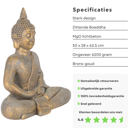 Cheqo® Boeddha Zittend Tuinbeeld - 50x28x62.5cm - Bronskleur - Goudkleur - Antieke Afwerking - Boeddhabeeld Boeddhabeelden