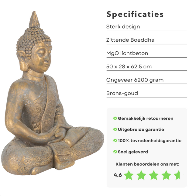 Cheqo® Boeddha Zittend Tuinbeeld - 50x28x62.5cm - Bronskleur - Goudkleur - Antieke Afwerking - Boeddhabeeld Boeddhabeelden
