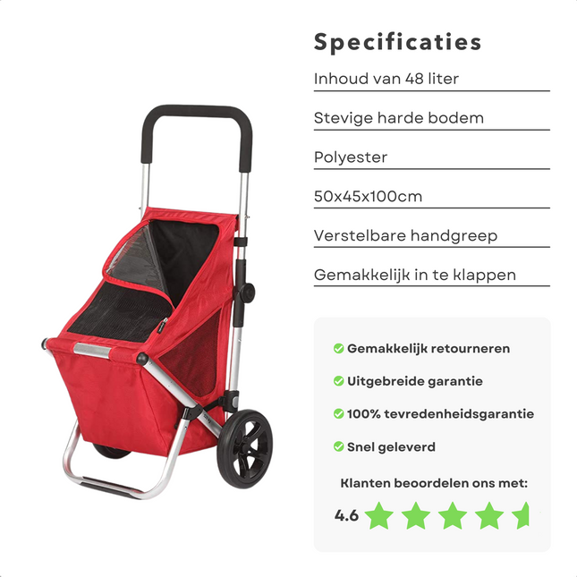 Cheqo® Boodschappentrolley met Wielen - Boodschappenkar - Trolley - Uitneembare Tas - Afneembare Boodschappentas - 48 Liter - 50x45x100cm - Rood Boodschappentrolleys