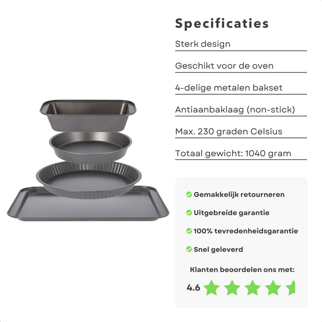 Cheqo® Bakvormen Set - Bakplaat - Rechthoekige Bakvorm - Ronde Bakvorm - Bakplaat - Anti-Aanbak Coating - Taartvorm - 4 Stuks Bakvormen