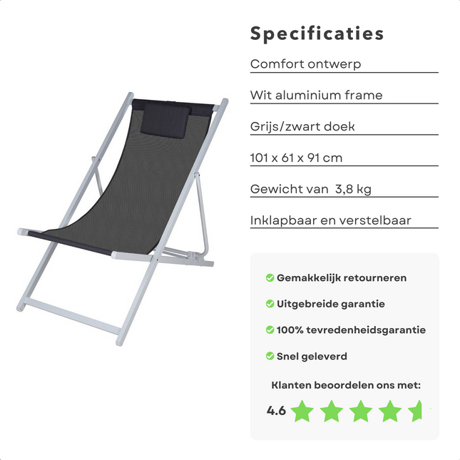 Cheqo® Ligstoel met Kussen - Strandstoel - Tuinstoel - Wit Aluminium Frame - Grijs/Zwart Doek - Inklapbaar - Verstelbaar - 101x61x91cm - Gewicht 3.8kg - Wit Frame Campingstoel
