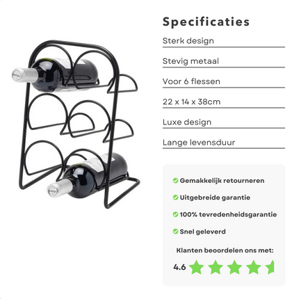 Cheqo® Wijnrek - Wijnfleshouder - Flessenrek - Flessenhouder voor 6 Flessen - Metaal - 38cm wijnrek