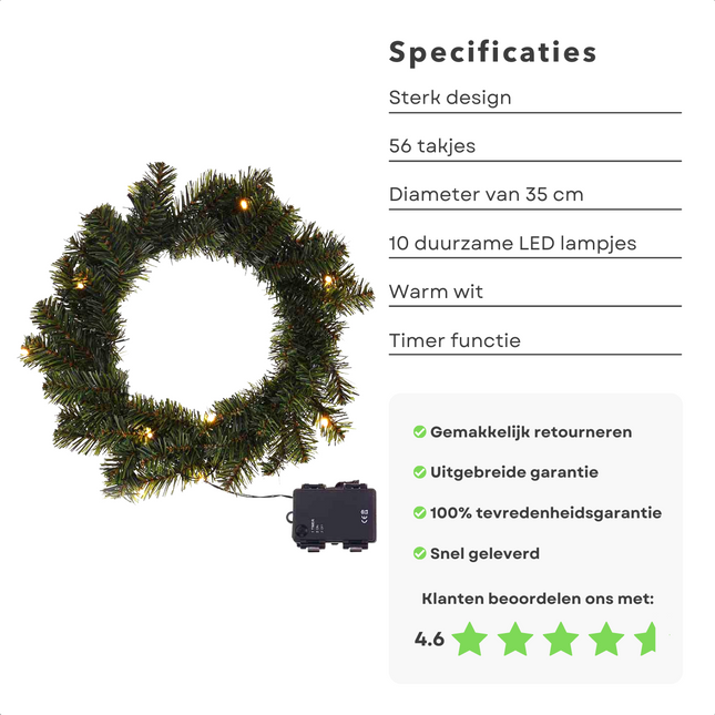 Cheqo® Kerstkrans met LED Verlichting - Krans - Kerstdecoratie - Kerstmis - Met Timer Functie - ø35 cm Kerstkrans