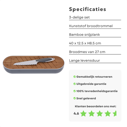 Cheqo® Stokbrood Snijplank met Broodmes - Stokbroodsnijder met Broodtrommel - Stokbrood Snijden - Snijder - Grijs - Kartelmes 15cm Lang - 40x12.5x8.5cm Snijplank