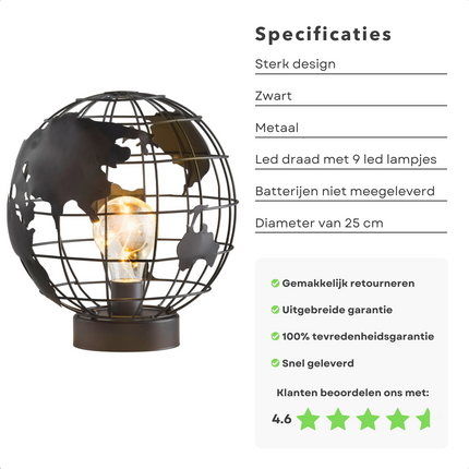Cheqo® Luxe Wereldbol Tafellamp - Bedlamp - Wereldbol Lamp - Globe Lamp - Sfeerverlichting - ø25cm - 9 Led - Op Batterijen Tafellamp