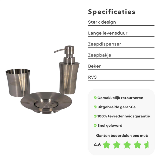 Cheqo® RVS Badset - Zeepdispenser - Wattenschijfjeshouder - Tandenborstelhouder - Zeepbakje - 3 Delig(3 dlg) Badset