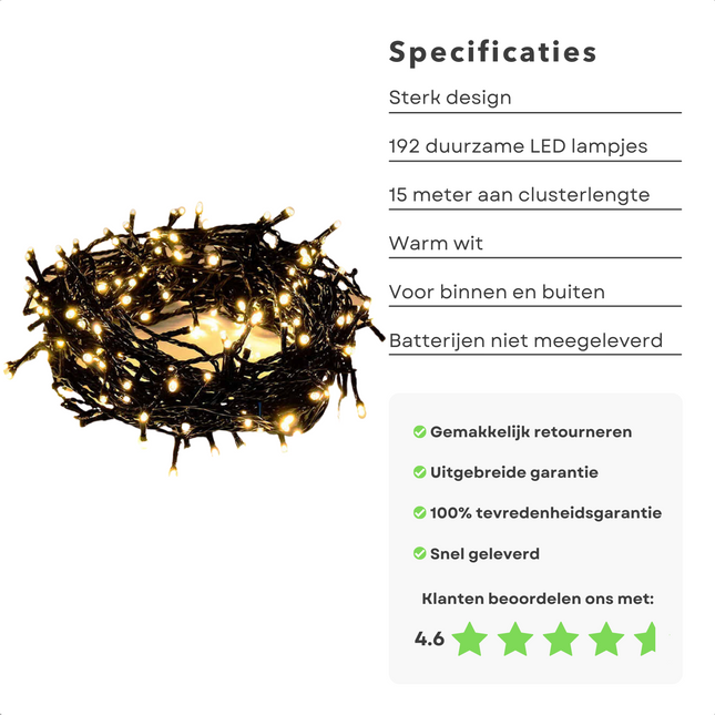 Cheqo® Kerstboomverlichting - Lichtsnoer - Kerstlampjes - Led Verlichting - Kerstverlichting voor Binnen - 192 LED - 15 Meter - Warm Wit - Op Batterijen Kerstboomverlichting