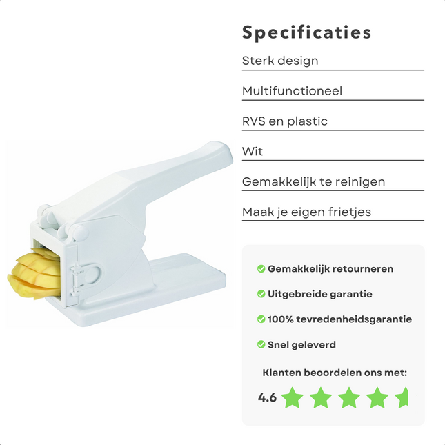 Cheqo® RVS Frietsnijder - Patat Snijder - Aardappelsnijder - Fritessnijder - Patatsnijder - Friet Snijder - Wit frietsnijder