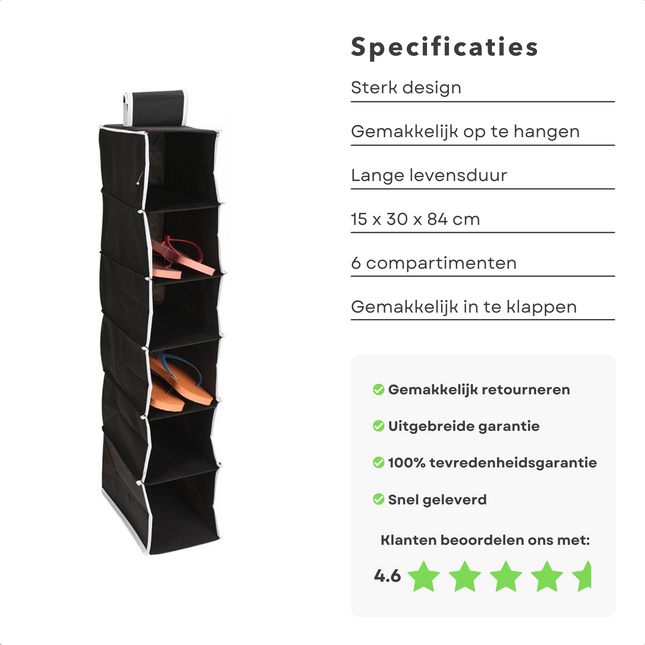 Cheqo® Kledingkast Organiser - Hangend Opbergysteem - Hangende Kledingkast - Schoenenzak - Organizer - Schoenenkast Hangend - Opberger - Hang Organizer - 15x30x84cm - 6 Compartimenten Schoenopbergers