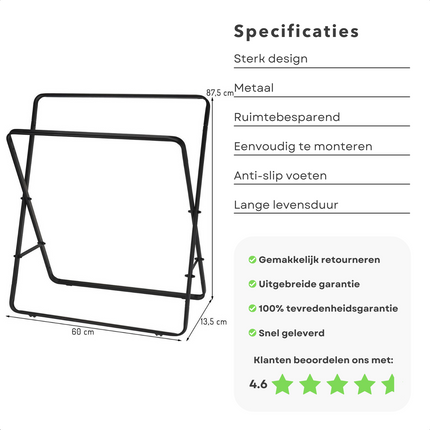 Cheqo® Handdoekhouder - Handdoekrek - Handdoek Houder - Handdoeken Rek - Extra Stevig - Metaal - Zwart - 70x30x81cm Handdoekhouder