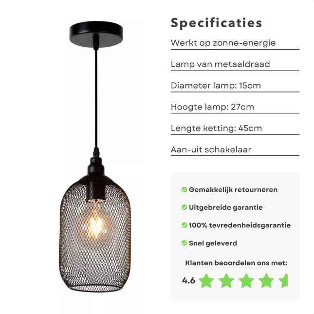Cheqo® Buitenlamp - Hanglamp Solar - Tuinlamp op Zonne-Energie - Buitenlamp Zonne Energie - LED - ø15cm - 27cm Hoog - Metaal Buitenverlichting