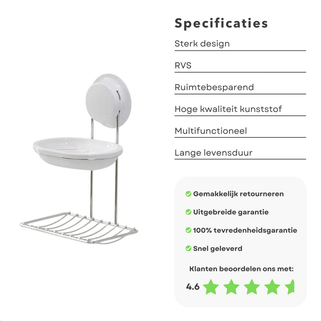 Cheqo® Zeephouder met Wandhouder - RVS - Zuignap - Zeep Houder - Zeepbakje - 2 Lagen Zeephouder