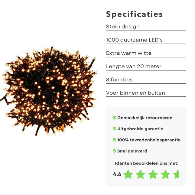 Cheqo® Kerstboomverlichting - Micro Clusterverlichting - Kerstlampjes - Led Verlichting - Kerstverlichting voor Binnen en Buiten - 1000 LED - 20 Meter - Extra Warm Wit - 8 Functies met Geheugen Clusterverlichting