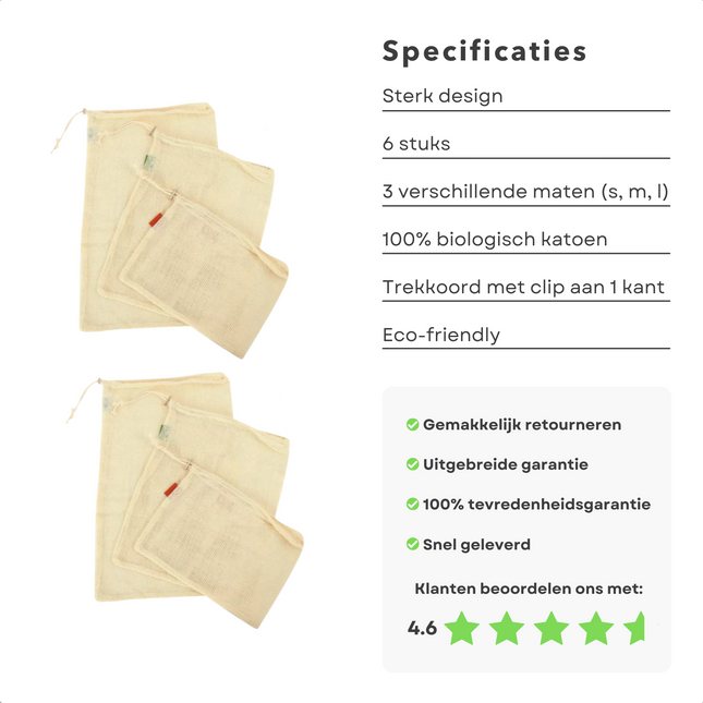 Cheqo® Groente en Fruit Zakjes - Fruitzakjes - Groentezakjes - Vershoudzakken - Herbruikbare Zakjes - Biologisch Katoen - 6 Stuks Vershoudzakken