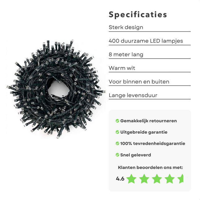 Cheqo® Kerstboomverlichting - Micro Clusterverlichting - Kerstlampjes - Led Verlichting - Kerstverlichting voor Binnen en Buiten - 400 LED - 8 Meter - Warm Wit Clusterverlichting