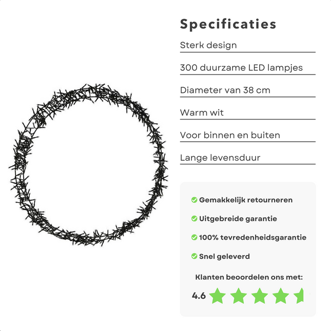 Cheqo® Lichtgevende Kerstkrans - Kerstring - Kerstverlichting - Kerstdecoratie - 300 LED - Ø38cm - 8 Lichtfuncties - Voor Binnen en Buiten Kerstkrans