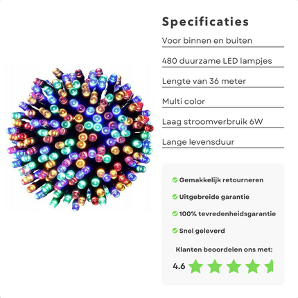 Cheqo® Kerstboomverlichting - Lichtsnoer - Kerstlampjes - Led Verlichting - Kerstverlichting voor Binnen en Buiten - 480 LED's - 36 Meter - Multicolor Kerstboomverlichting