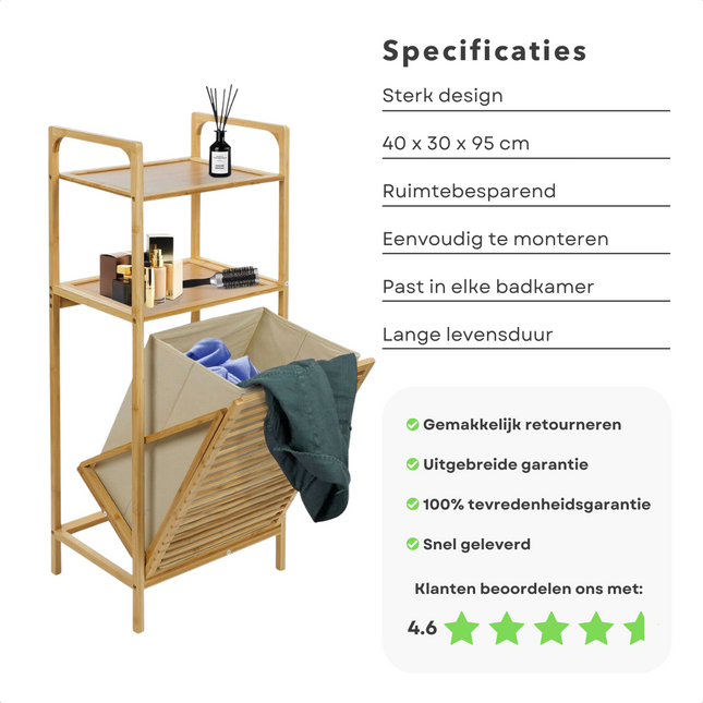 Cheqo® Luxe Bamboe Badkamerrek met Wasmand - Badkamerkast - Badkamermeubel met 2 Rekken - Handoekkast - Handoekhouder Badkamerkast