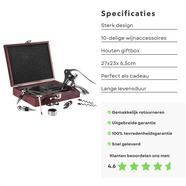Cheqo® Wijnset - Wijn Accessoires Set - Met Kurkentrekker - Spiraal - Wijnthermometer - Foliesnijder - 4 Wijnstoppers - Trechter - Kurk - In Luxe Houten Kist Wijnset