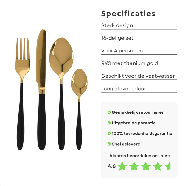 Cheqo® Luxe Bestekset - Zwart Bestek - Goud Bestek - Gouden Bestekset - 16 Delig - RVS - 4 Personen - Zwart Goud Bestek - Titanium Gold Coating Bestekset