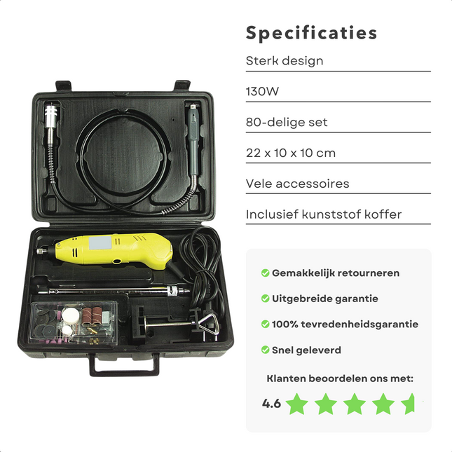 Cheqo® Roterende Multitool Set - Roterend Boren - Slijpen - Frezen - Schuren - Polijsten Set - 80 delig - 130W - 8000-30000 TPM - Inclusief Tafelklem & Flexibele As - Met Gereeedschapskoffer Roterende multitools