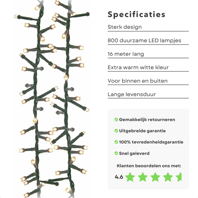 Cheqo® Kerstboomverlichting - Micro Clusterverlichting - Kerstlampjes - Led Verlichting - Kerstverlichting voor Binnen en Buiten - 800 LED's - 16 Meter - Extra Warm Wit Clusterverlichting