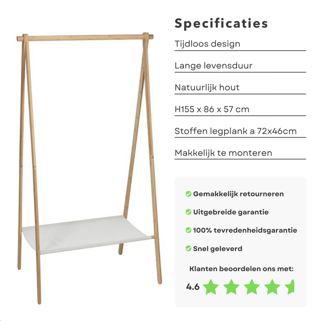 Cheqo® Houten Kledingrek - Kleerrek - Kledingkast - Met Houten Kledingstang en Oplegplank - Schoenenplank - 155x86x57cm Kledingrek