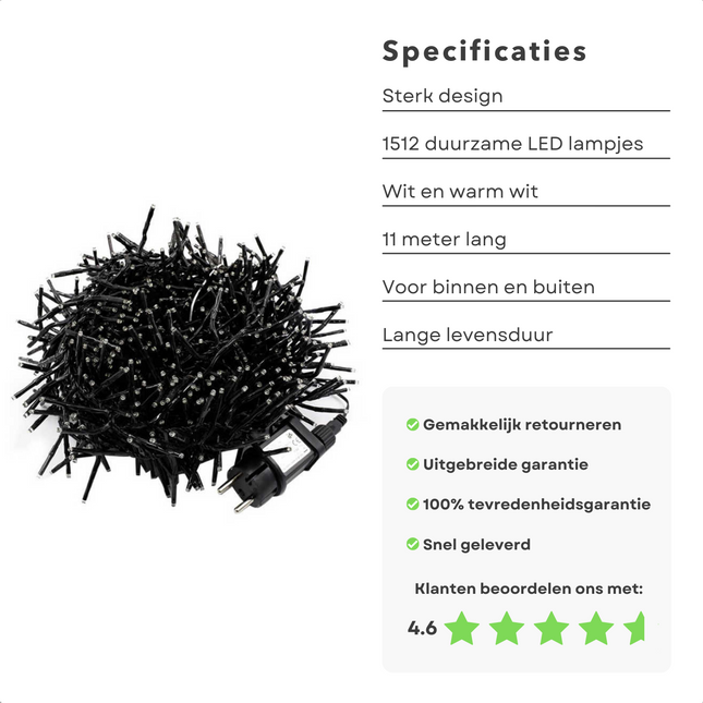 Cheqo® Kerstboomverlichting - Clusterverlichting - Kerstlampjes - Led Verlichting - Kerstverlichting - 1512 LED - 11 meter - Binnen en Buiten - Warm Wit en Wit Clusterverlichting