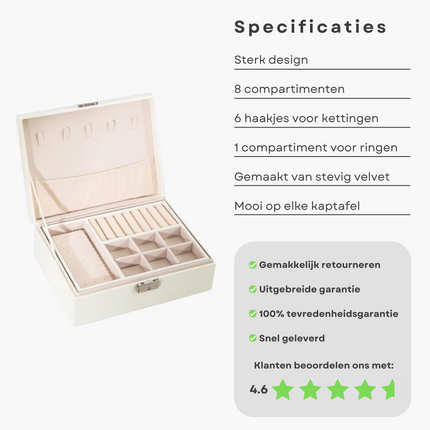Cheqo® Sieradendoos - Juwelendoos - Sieradenhouder - Bijouterie - 28x19x7cm - Wit Sieradendoos