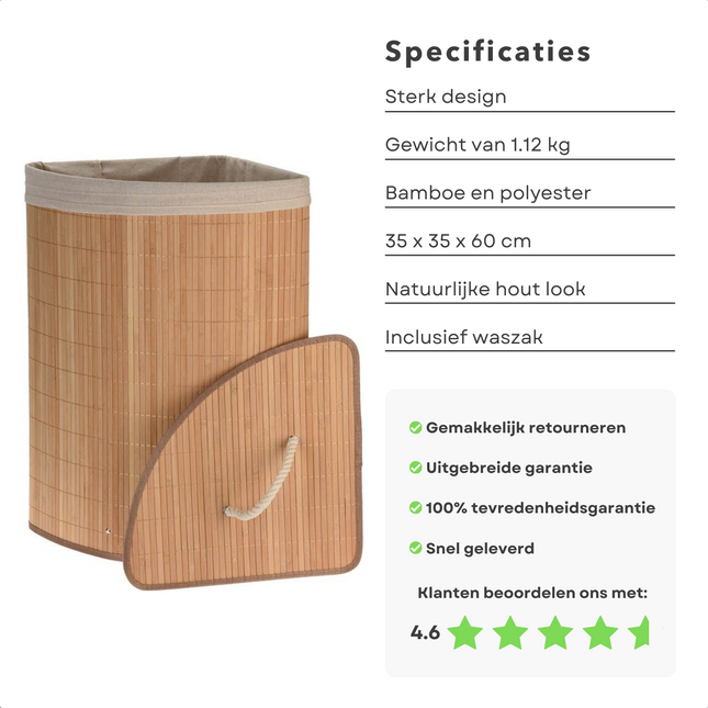 Cheqo® Hoek Wasmand met Deksel - Linnenmand - Wasbox - Wassorteerder - Laundry Basket - Bamboe Bruin - Beige Waszak - 35x35x60cm wasmand