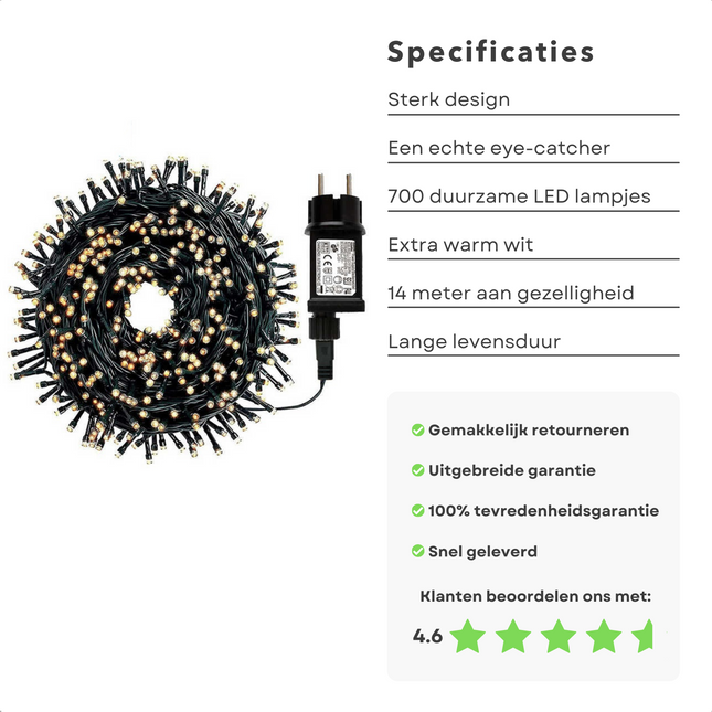 Cheqo® Kerstboomverlichting - Micro Clusterverlichting - Kerstlampjes - Led Verlichting - Kerstverlichting voor Binnen en Buiten - 700 LED - 14 Meter - Met Timer en dimmer - Extra Warm Wit Clusterverlichting