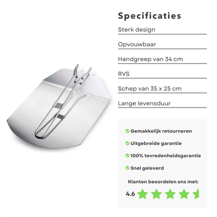 Cheqo® Inklapbare Pizzaschep - Pizza Schep - Pizzaspatel - Taartschep - Keukengerei - Spatel voor BBQ en Oven - RVS - 35x25cm - 34cm Lange Handgreep Pizzaschep