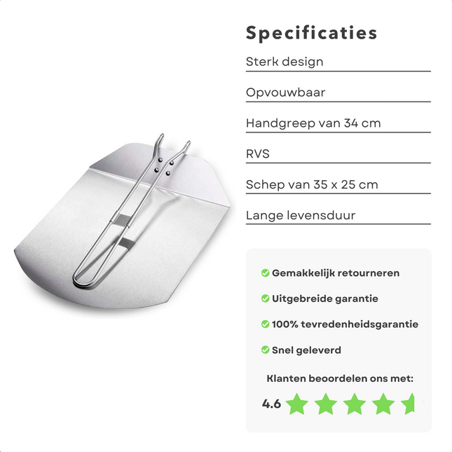 Cheqo® Inklapbare Pizzaschep - Pizza Schep - Pizzaspatel - Taartschep - Keukengerei - Spatel voor BBQ en Oven - RVS - 35x25cm - 34cm Lange Handgreep Pizzaschep