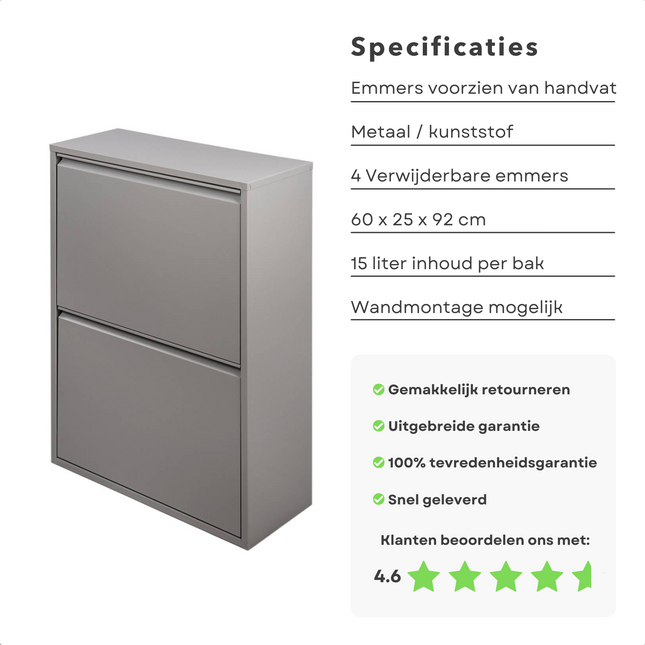 Cheqo® XL Afvalscheidingsbak - Afvalscheider - Afvalscheidingsbakken - Afvalemmer voor Recycling - Vuilemmer - Prullenbak - Afval Scheiden - 2 Bakken - 60x25x92cm Afvalscheidingprullenbakken