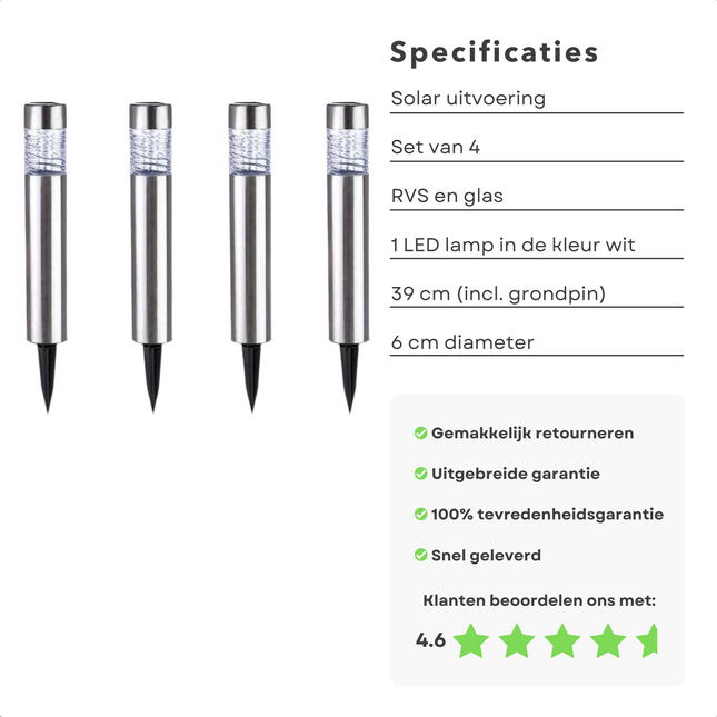 Cheqo® LED RVS Grondspot - Waterdicht - Buitenverlichting - Buitenlamp - Padverlichting - Solar Tuinspot - Tuinverlichting met Zonnepaneel - Solarlamp - ø6cm - 39cm - 4 Stuks Grondspot