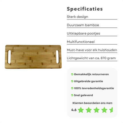 Cheqo® XL Borrelplank - Serveerplank - Tapasplank - Ontbijttafel - Ontbijt op Bed - Multifunctioneel - Uitklapbaar Borrelplank