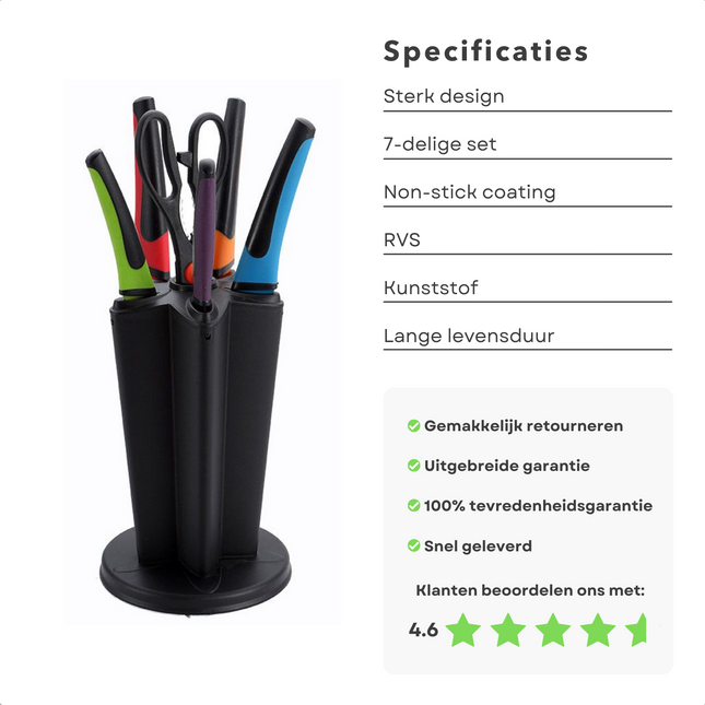 Cheqo® Keuken Messenset - Keukenmes - Messenset met Blok - 7 Delig - Met 5 Messen - Schaar - Standaard Messenset Keukenmessen