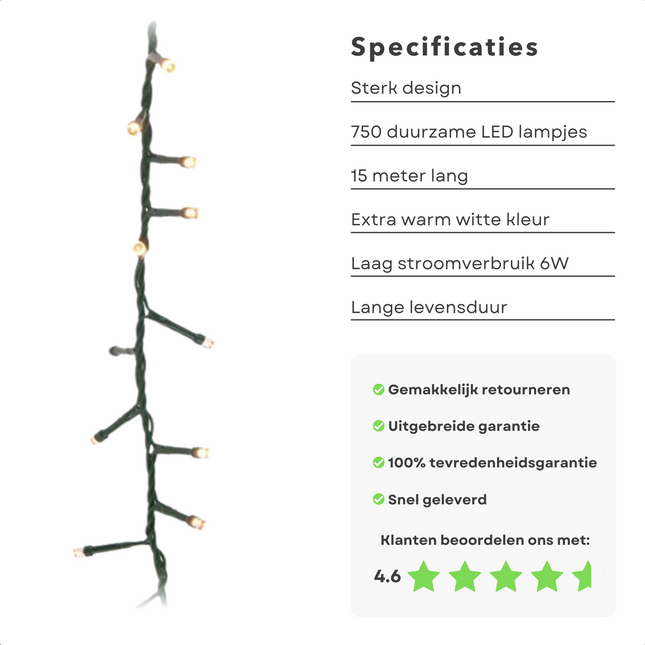 Cheqo® Kerstboomverlichting - Micro Clusterverlichting - Kerstlampjes - Led Verlichting - Kerstverlichting voor Binnen en Buiten - Met Haspel - 750 LED - 15 Meter - Met Timer - Extra Warm Wit Clusterverlichting