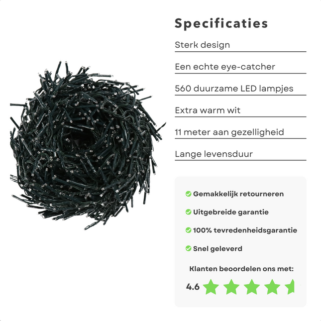 Cheqo® Kerstboomverlichting - Micro Clusterverlichting - Kerstlampjes - Led Verlichting - Kerstverlichting voor Binnen en Buiten - 560 LED - 11 Meter - Met Timer en dimmer - Extra Warm Wit Clusterverlichting