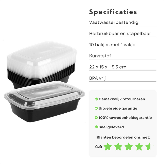 Cheqo® Vershoudbakjes Herbruikbaar - Meal Prep Bakjes - Diepvriesbakjes - Lunchbox - Vershouddoos - Plastic Bakjes - Magnetron Bakjes - Voedselcontainer - 10 Stuks met 1 Compartiment Meal Prep Bakjes